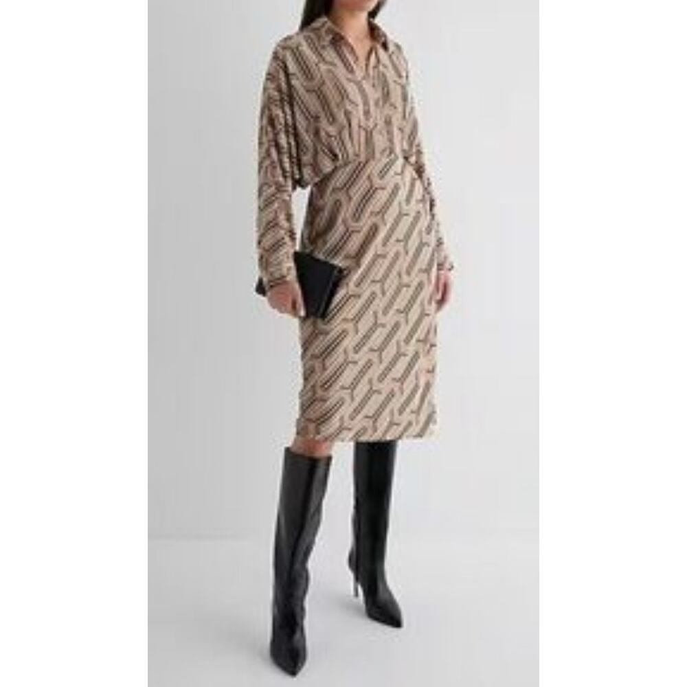 Express Beige Patterned Midi Shirt Dress